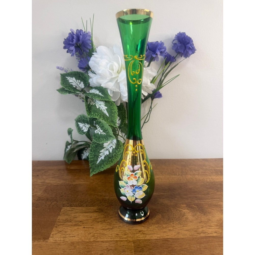 Vintage Emerald Green Glass Bud Vase Hand Painted Floral Gold Gilt Bohemian